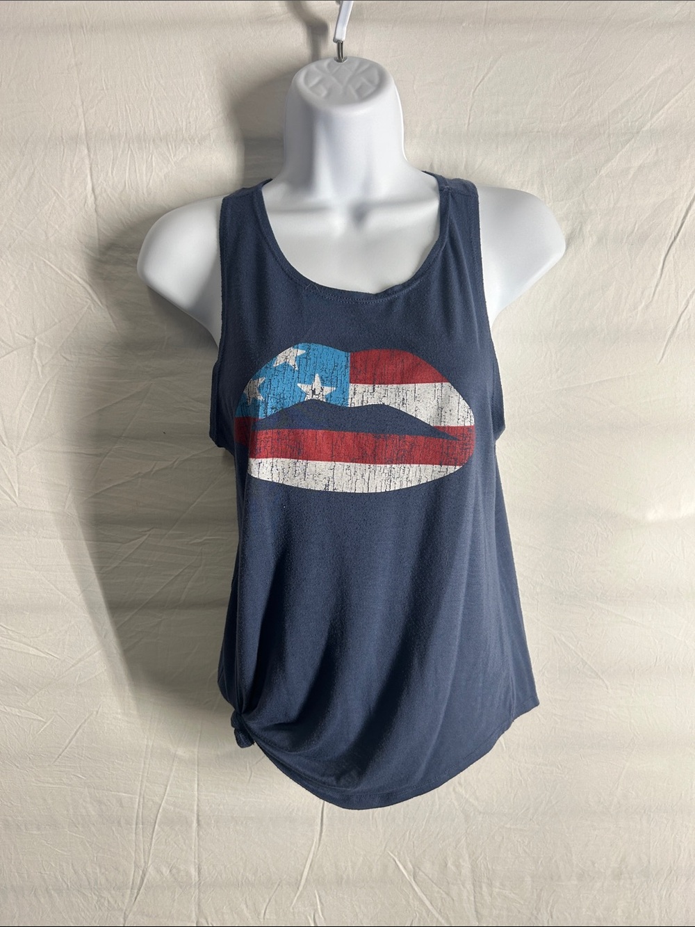 Navy Flag Lips Graphic Ribbed Tank Top